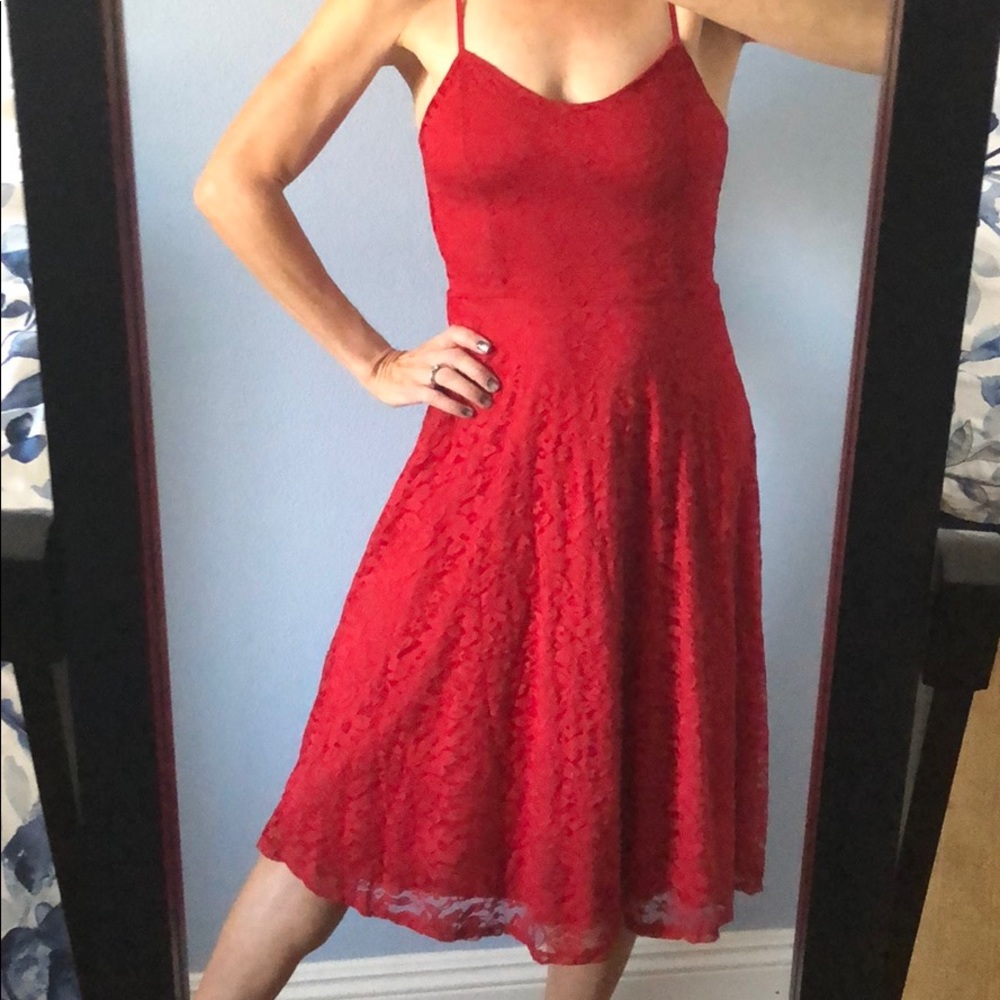 NEW Lulu’s Red Lace Overlay Midi Flare Dress